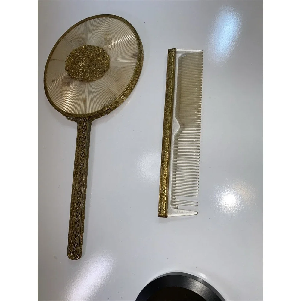Apollo Ormolu‎ Vanity Set of 4 Hollywood Regency Filigree Mirrors Comb Brush Vtg